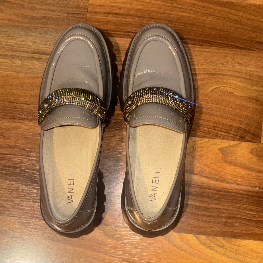 Vaneli Taupe Patent Loafers with Gold Crystal Strap | Size 7